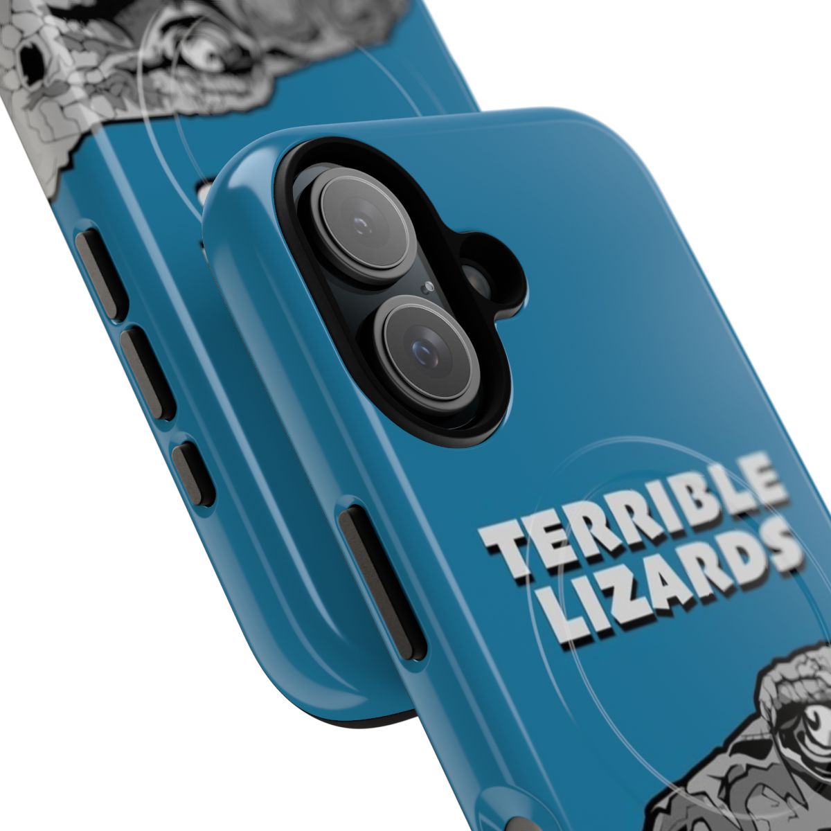 Magnetic phone case featuring a design with a tyrannosaurus rex and other prehistoric dinosaur creatures. - Detail