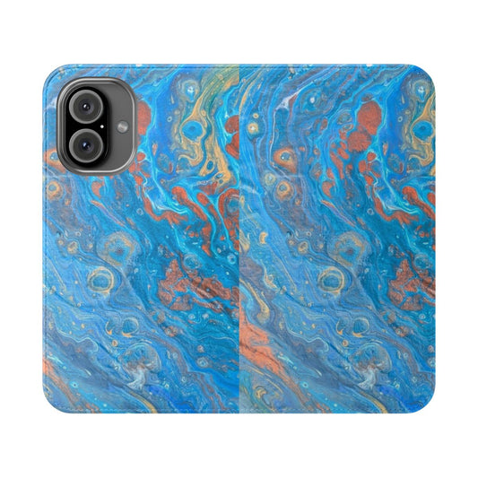 Handmade abstract art phone case with blue, copper, and gold acrylic paint design