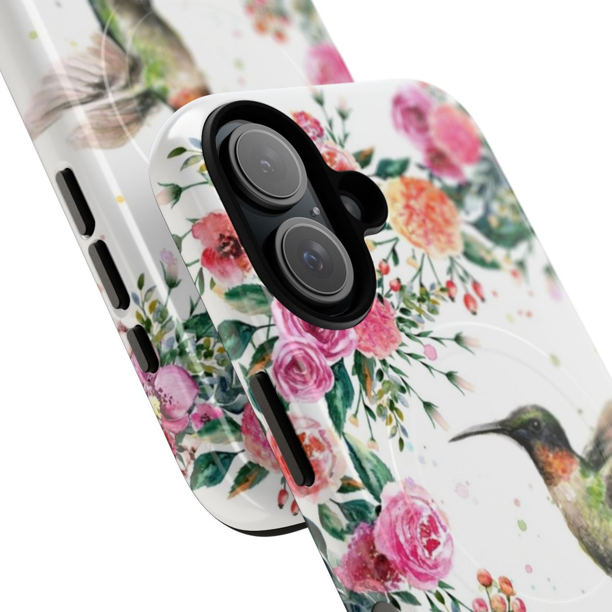 Artistic watercolor painting of a hummingbird on a smartphone case - Detail