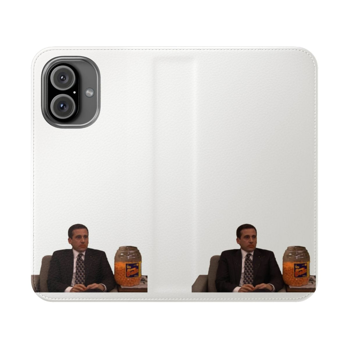 Colorful flip cover phone case featuring an illustration of Michael Scott from the TV show "The Office" holding a bag of Utz cheese puffs.