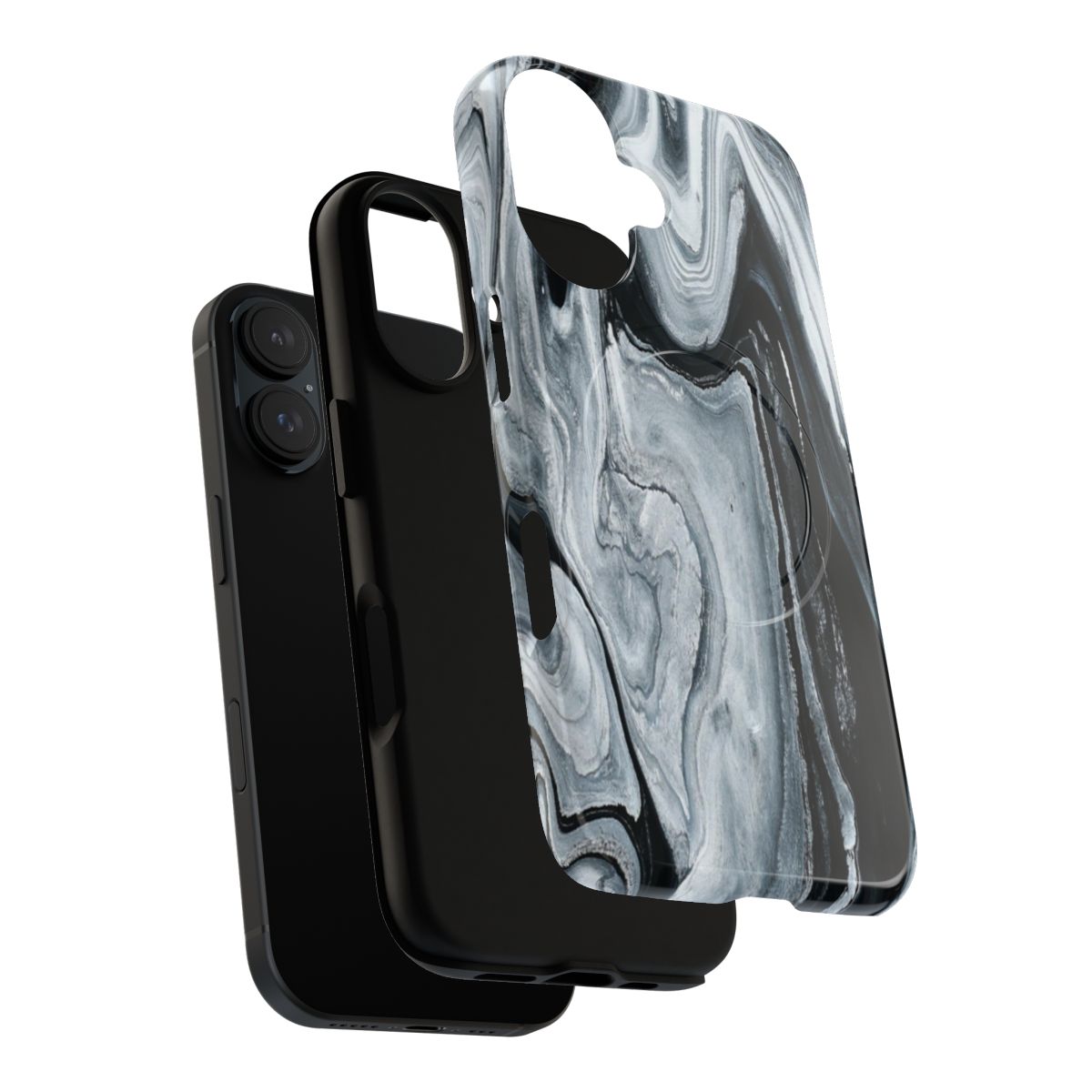 A modern and abstract phone case with a black and white marble-like liquid paint design. - Layers