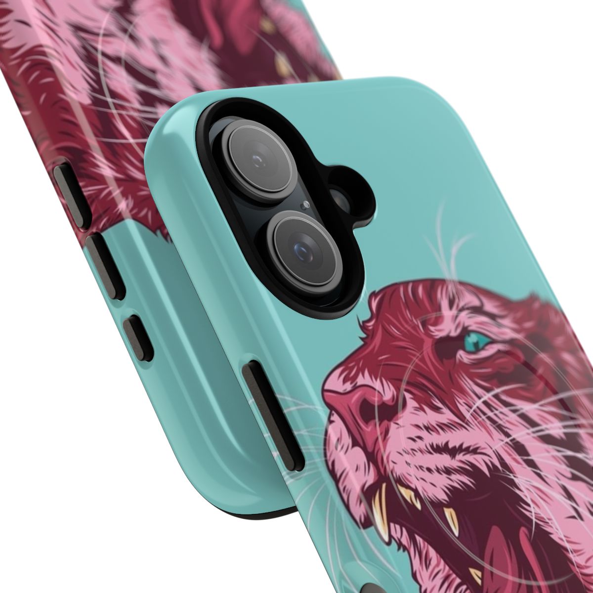 Vibrant magenta tiger portrait illustration on a phone case - Detail