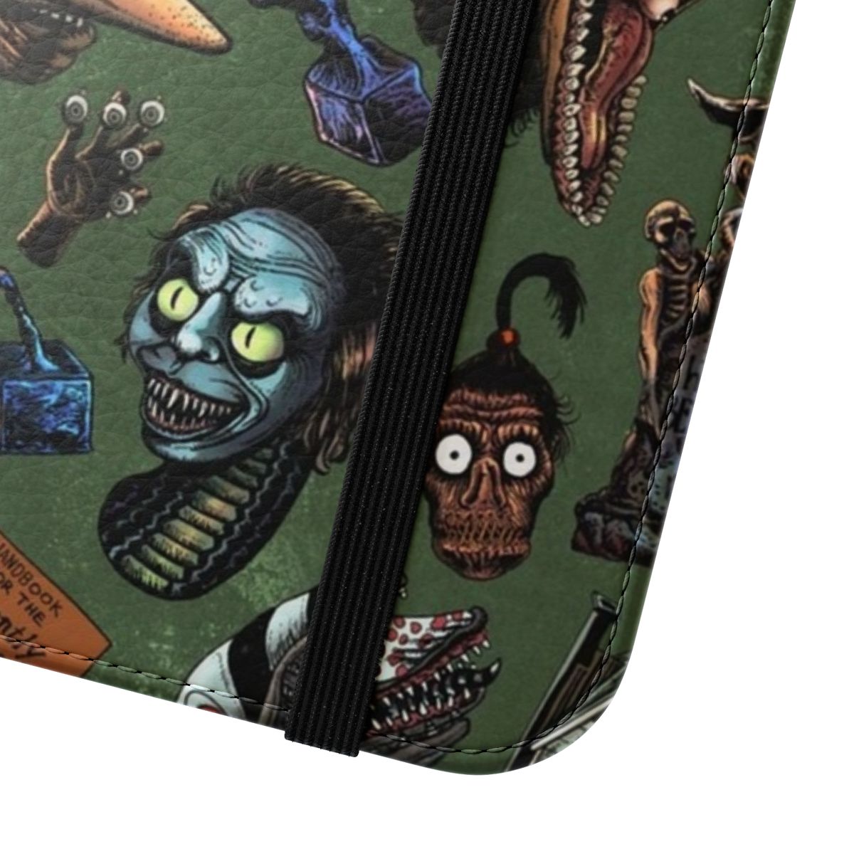 A green flip cover phone case featuring a seamless pattern inspired by the movie Beetlejuice. - Close Up