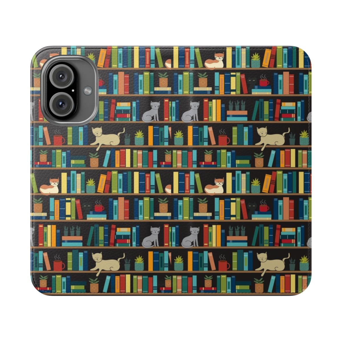 Stylish flip cover phone case for book lovers, authors, and librarians with a cat lover theme.