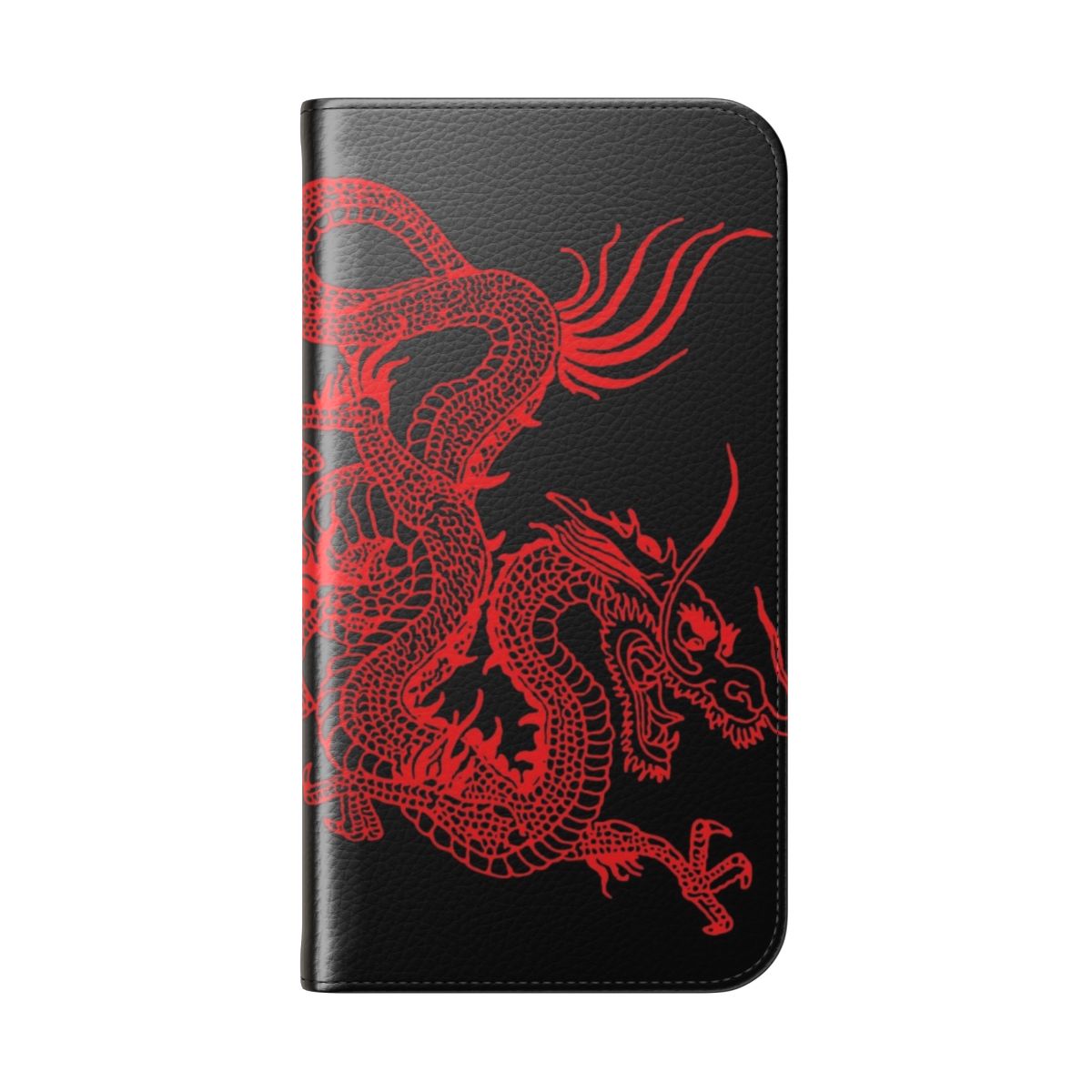 A red dragon-themed phone case with an eye-catching flip cover design. - Folded Back