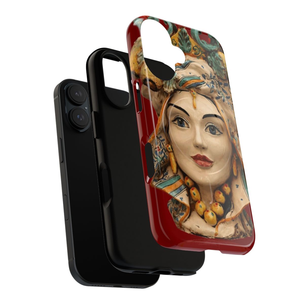 A bright and colorful phone case featuring a traditional Sicilian-inspired pattern. - Layers