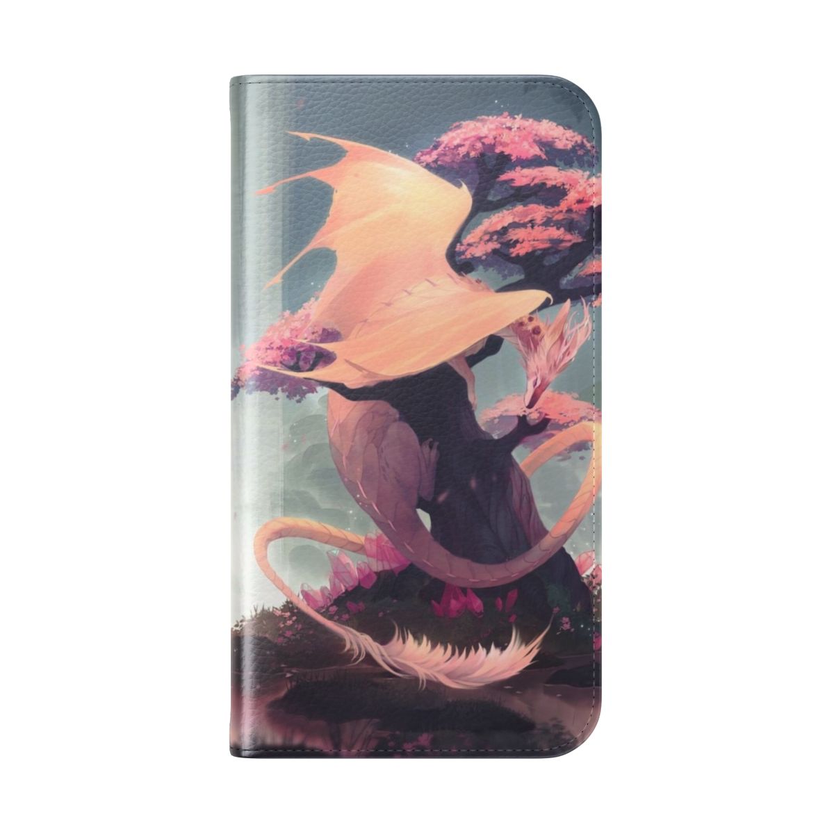 Flip cover phone case featuring a mystical dragon and cherry blossoms in a serene nature setting - Folded Back