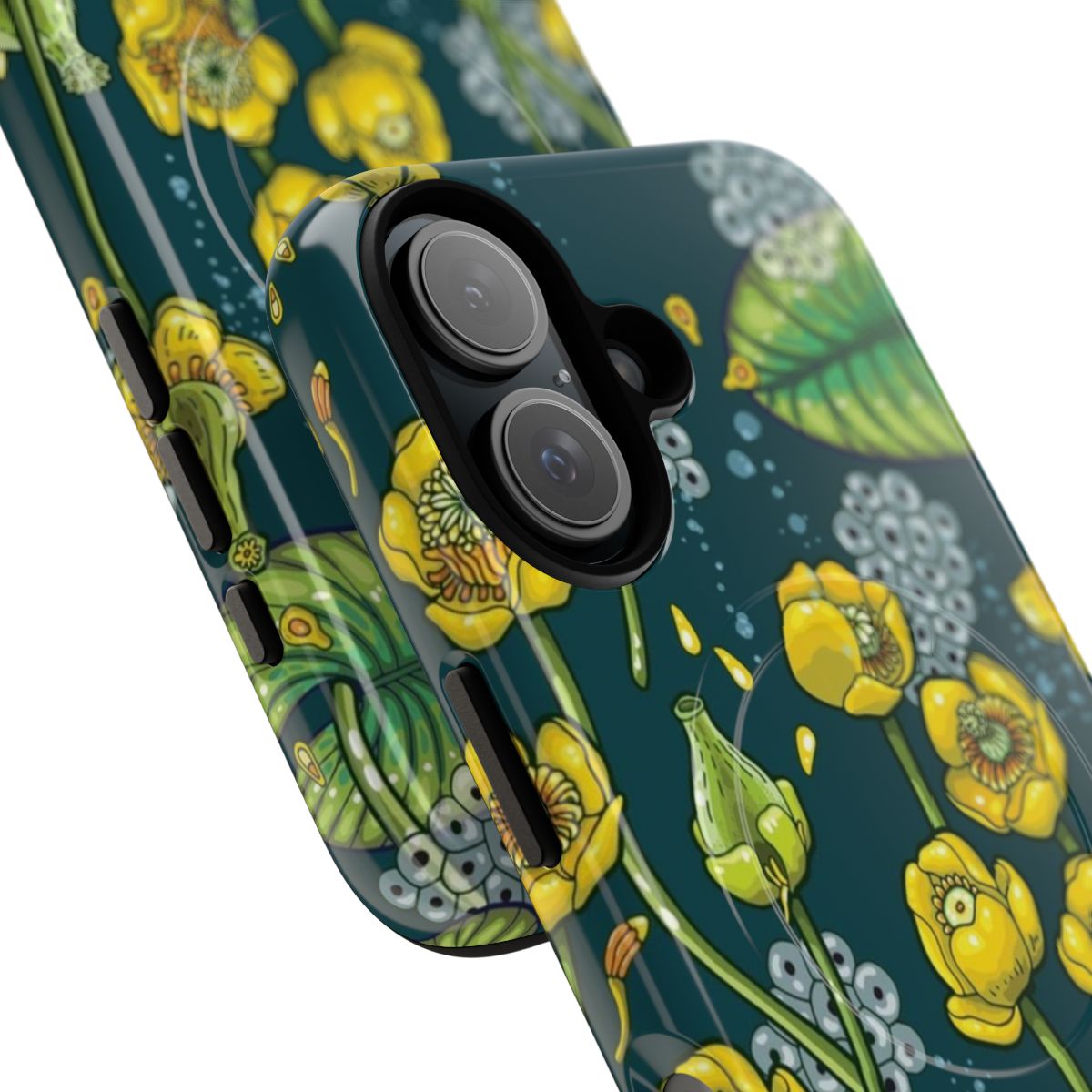 Closeup of a phone case featuring an underwater river scene with water lilies, tadpoles, and other natural elements. - Detail