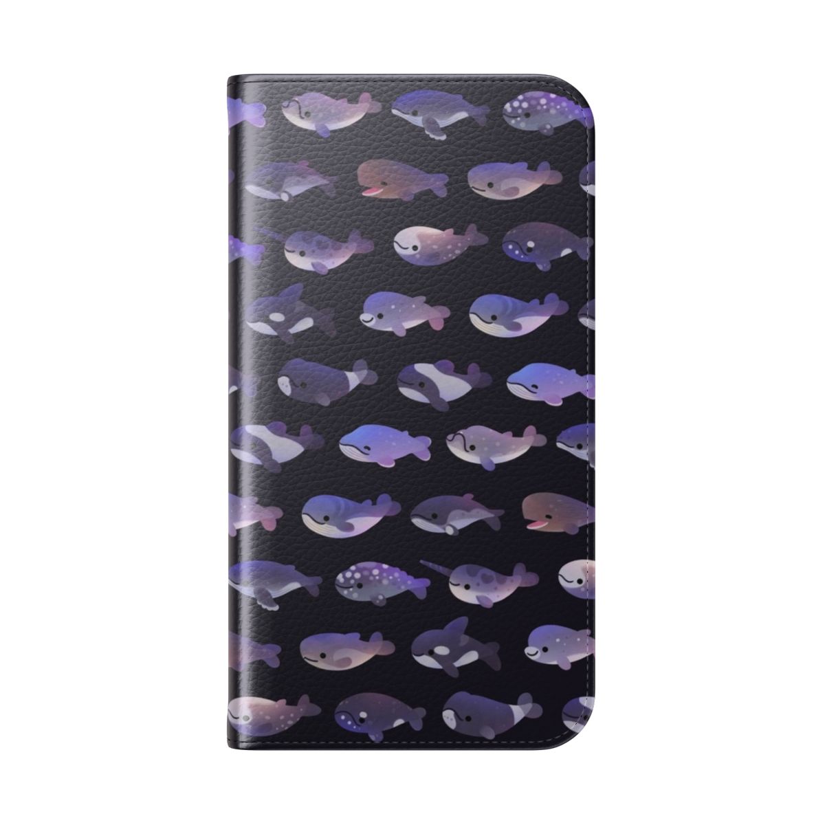 A colorful phone case featuring a vibrant design of whales, dolphins, and other marine life. - Folded Back