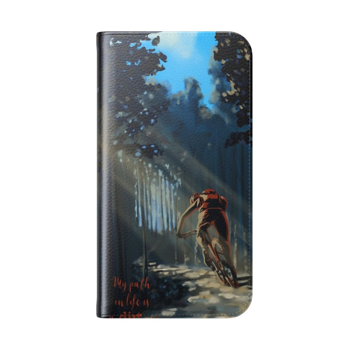 A flip cover phone case featuring a mountain biking landscape in a dirt road setting. - Folded Back