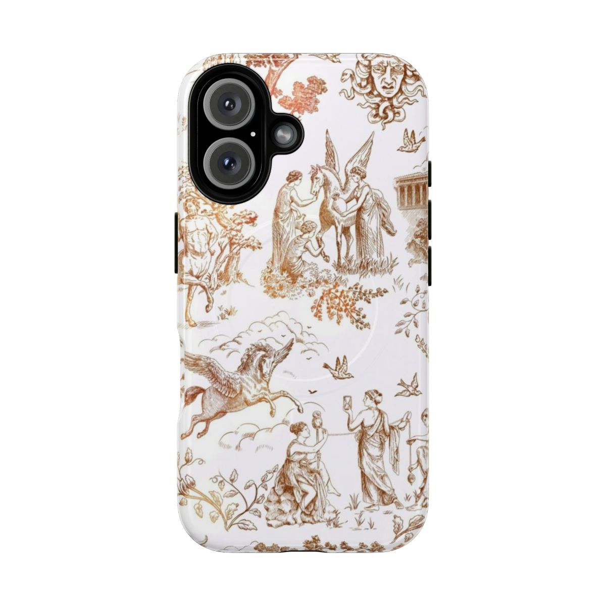 Magnetic phone case featuring a toile design with centaurs, minotaurs, and Pegasus against a nature backdrop.