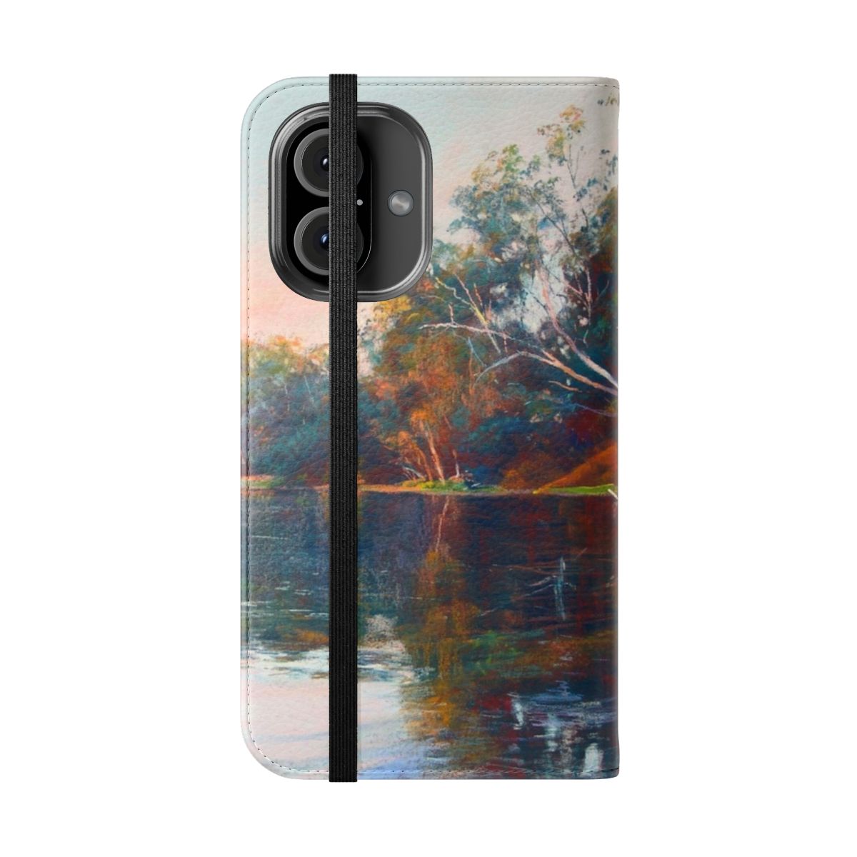 A gold flip phone case with a serene landscape design of a river, trees, and sunset. - Folded Front