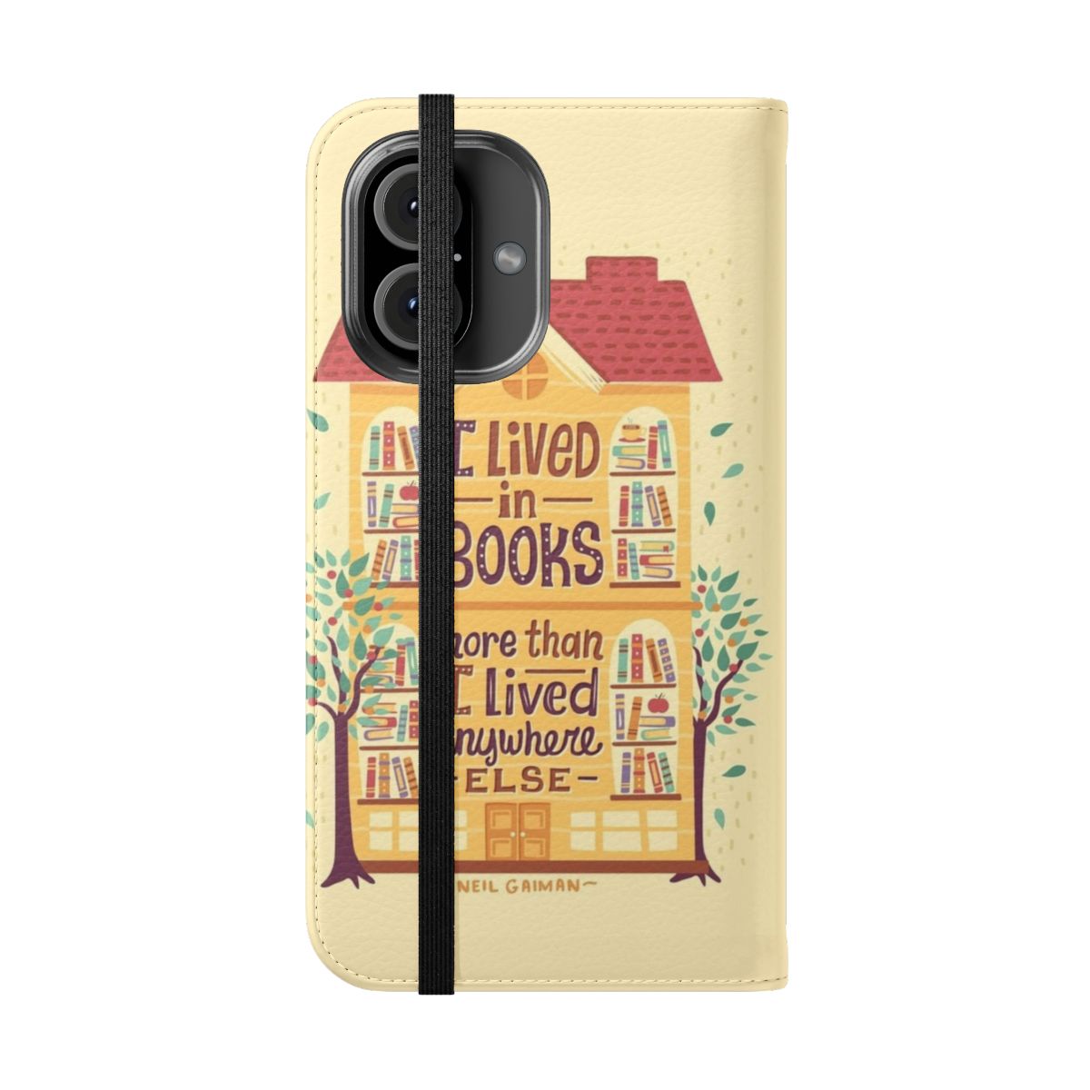 A flip cover phone case featuring a hand-lettered "Lived in books" design against a backdrop of books and bookshelves. - Folded Front