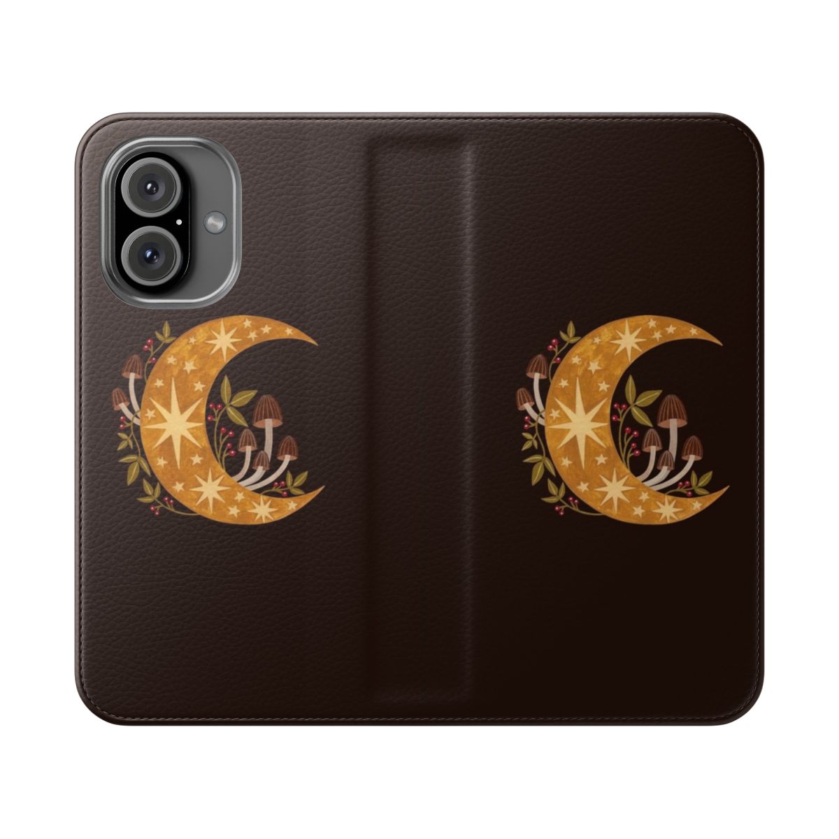 Enchanted forest moon phone case featuring nature elements like mushrooms, berries, and a starry sky.