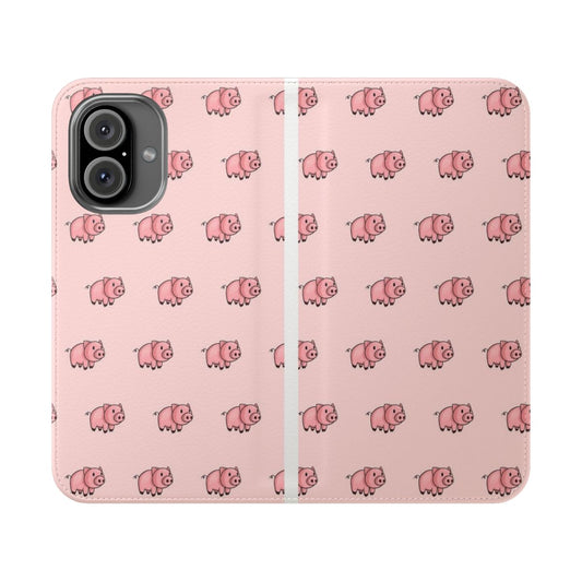 A pink and white flip phone case featuring a cute cartoon pig design.