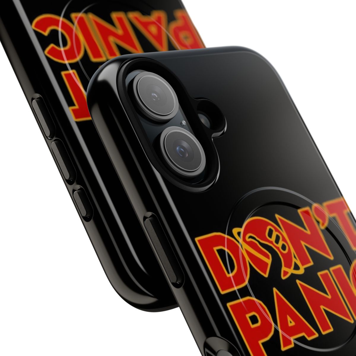 A durable phone case featuring the iconic "Don't Panic" phrase from The Hitchhiker's Guide to the Galaxy. - Detail