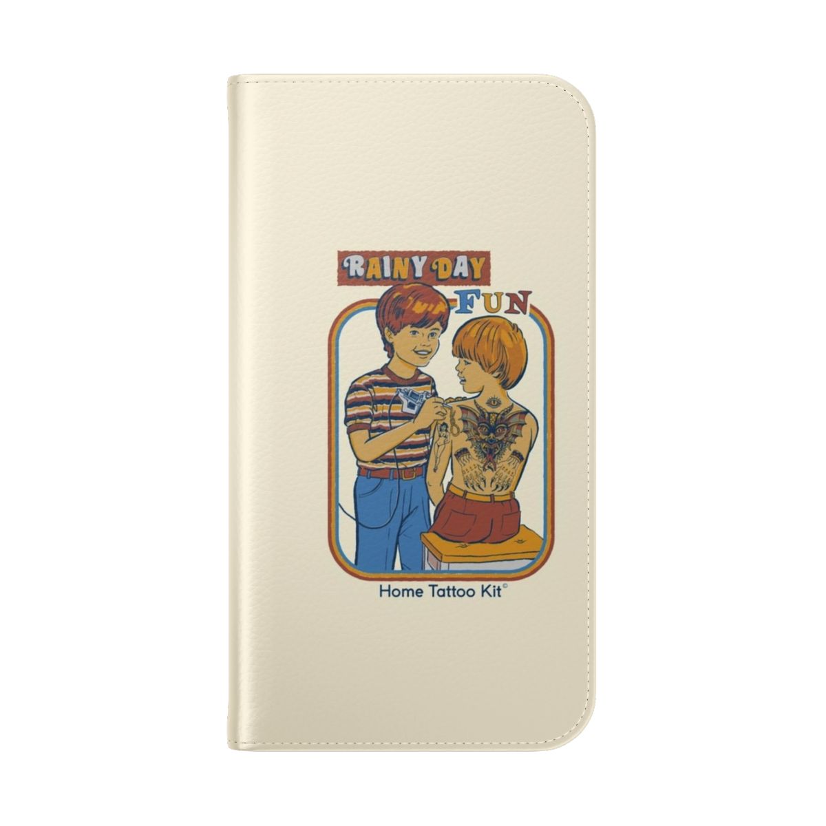 Vintage-inspired flip phone case with a rainy day, retro and dark humor themed design - Folded Back