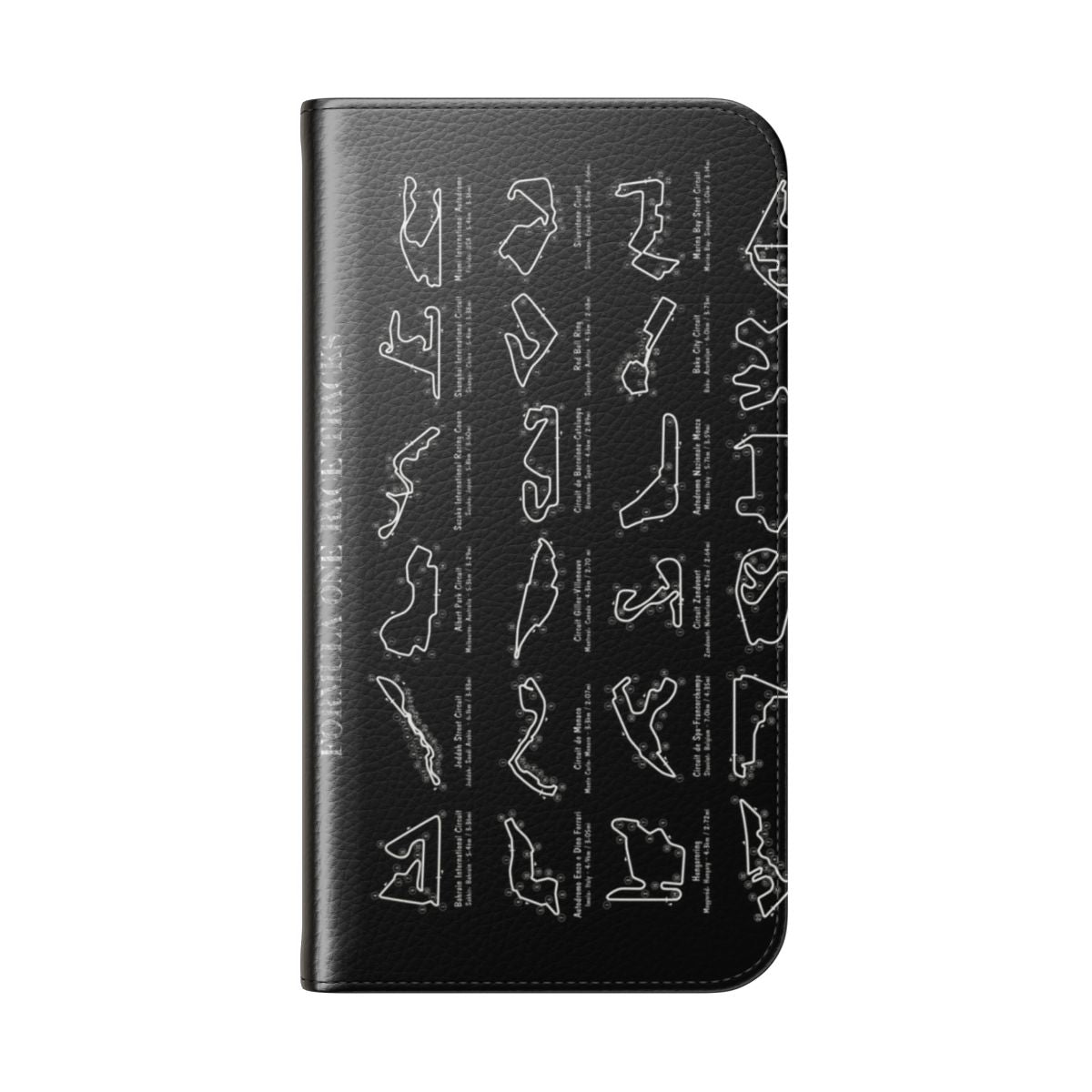 Flip phone case with a white stencil design of an F1 racing circuit - Folded Back