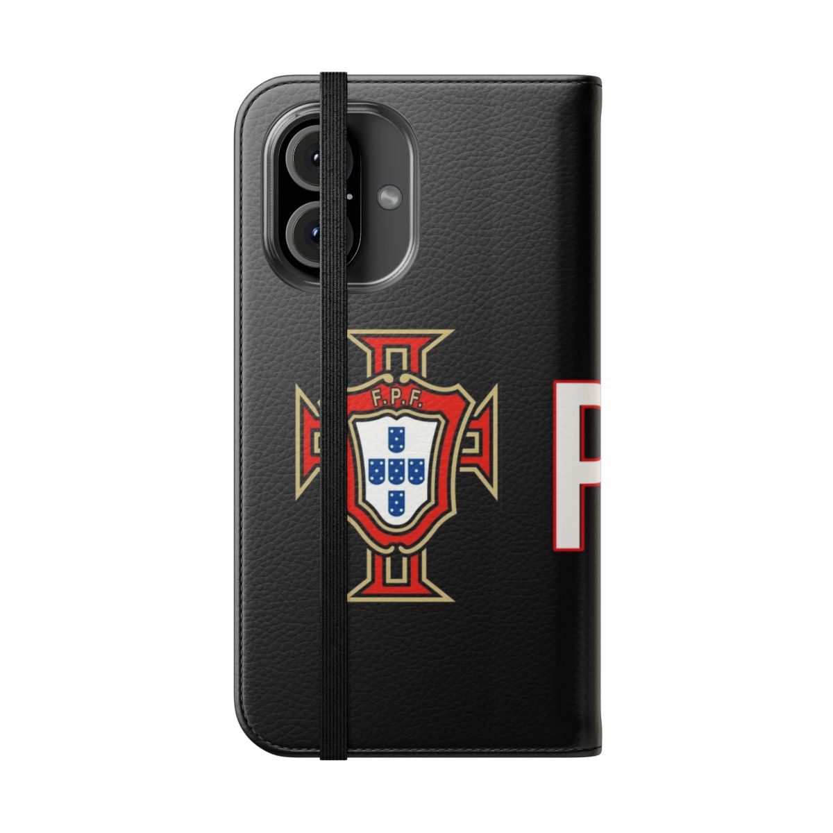 Colorful Portugal-inspired flip cover phone case with national flag and soccer elements - Folded Front