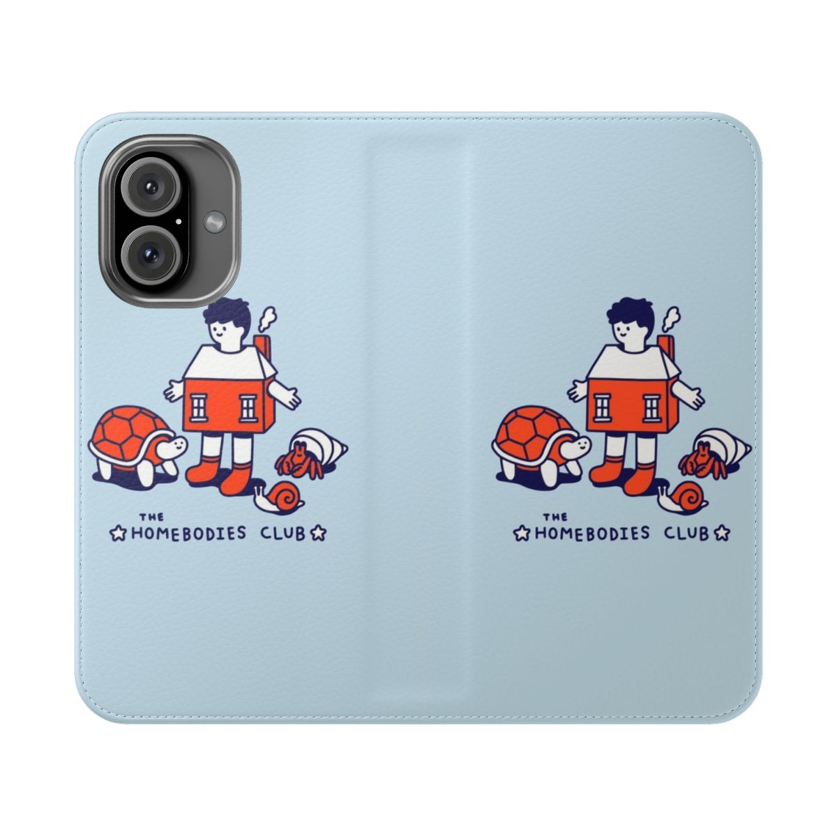 Flip cover phone case featuring cute and quirky animal illustrations including turtles, snails, and hermit crabs.