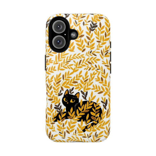 Autumn leaves and a black cat on a magnetic phone case