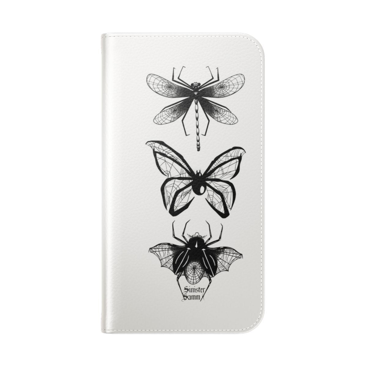 A dark, gothic-style phone case with a spider web design and insect motifs. - Folded Back