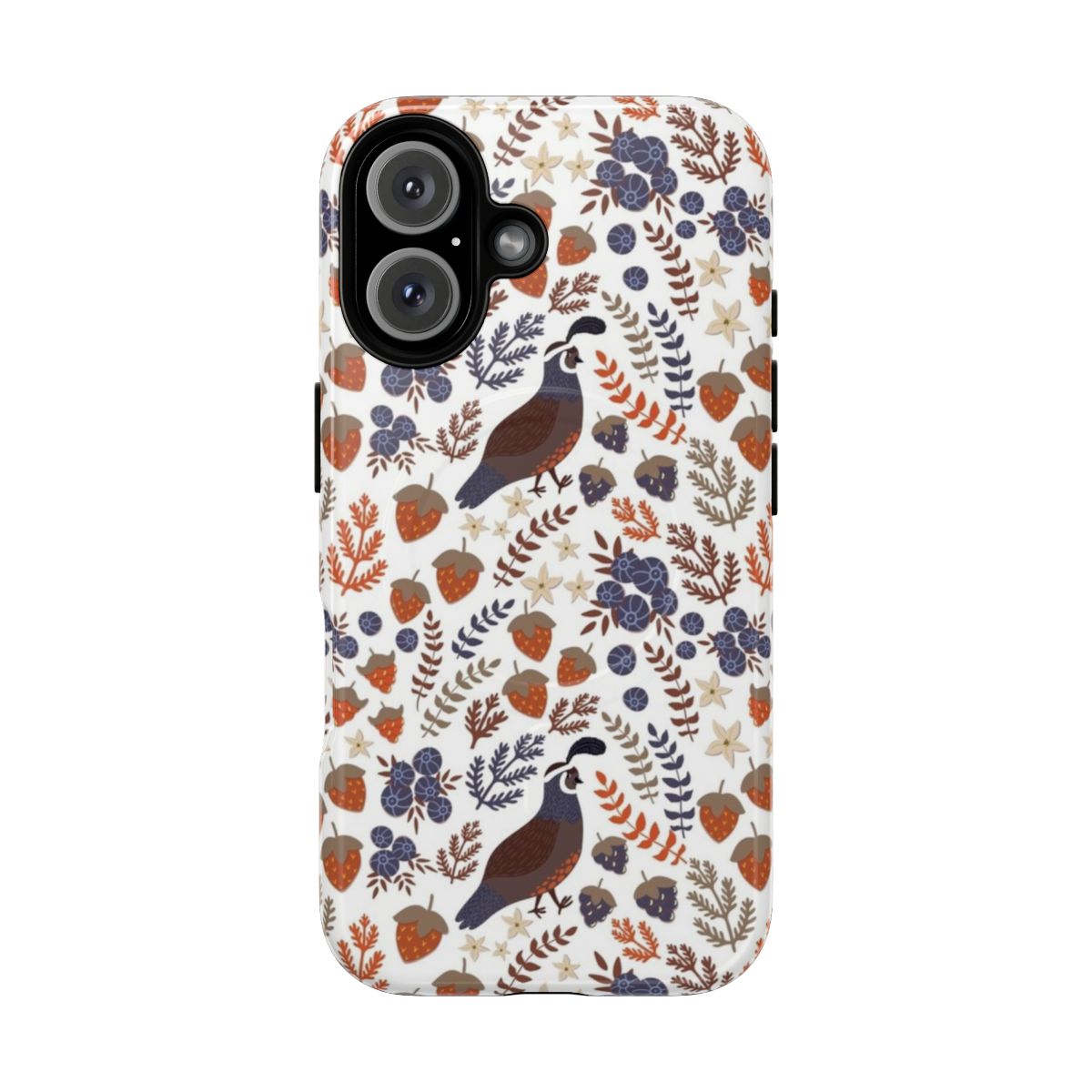 Illustration of a quail bird perched in a lush forest setting on a magnetic protective phone case.