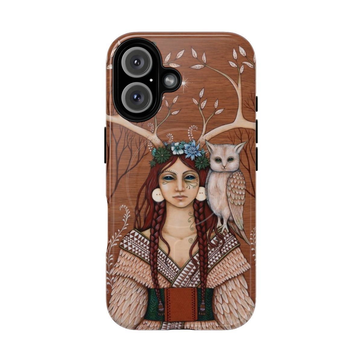 Wooden phone case with witchy, nature-inspired design featuring owls and antlers