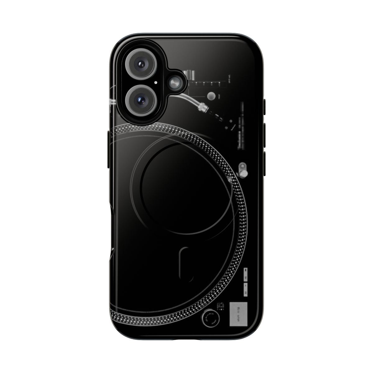 A sleek black phone case with a magnetic design, perfect for DJs and vinyl lovers.