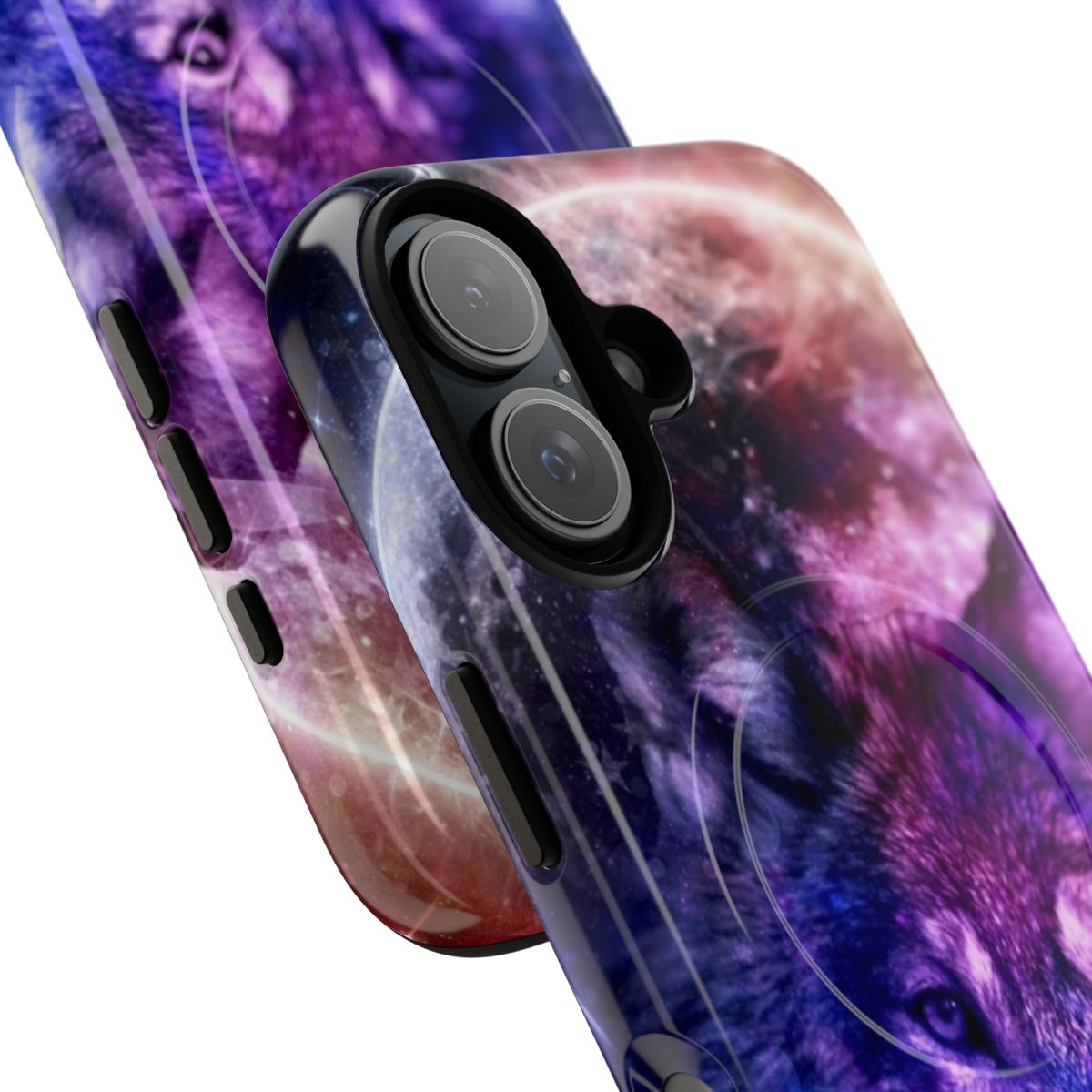 Magnetic phone case featuring enchanting wolf face design against a backdrop of the night sky and galaxy - Detail