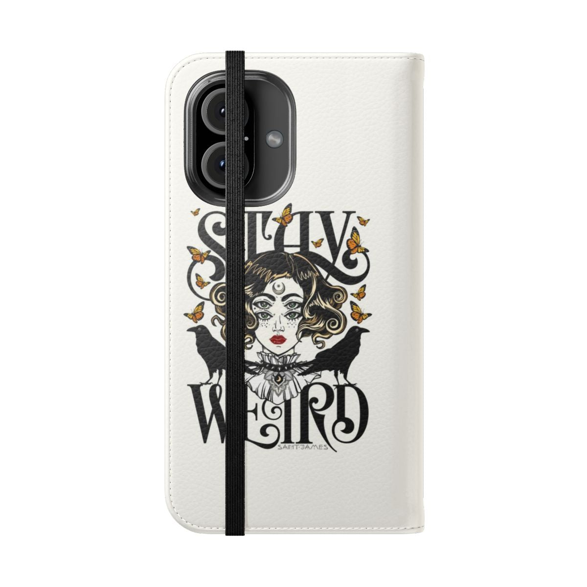 Rose and The Ravens flip cover phone case with a gothic, witchy design featuring ravens and a rose. - Folded Front