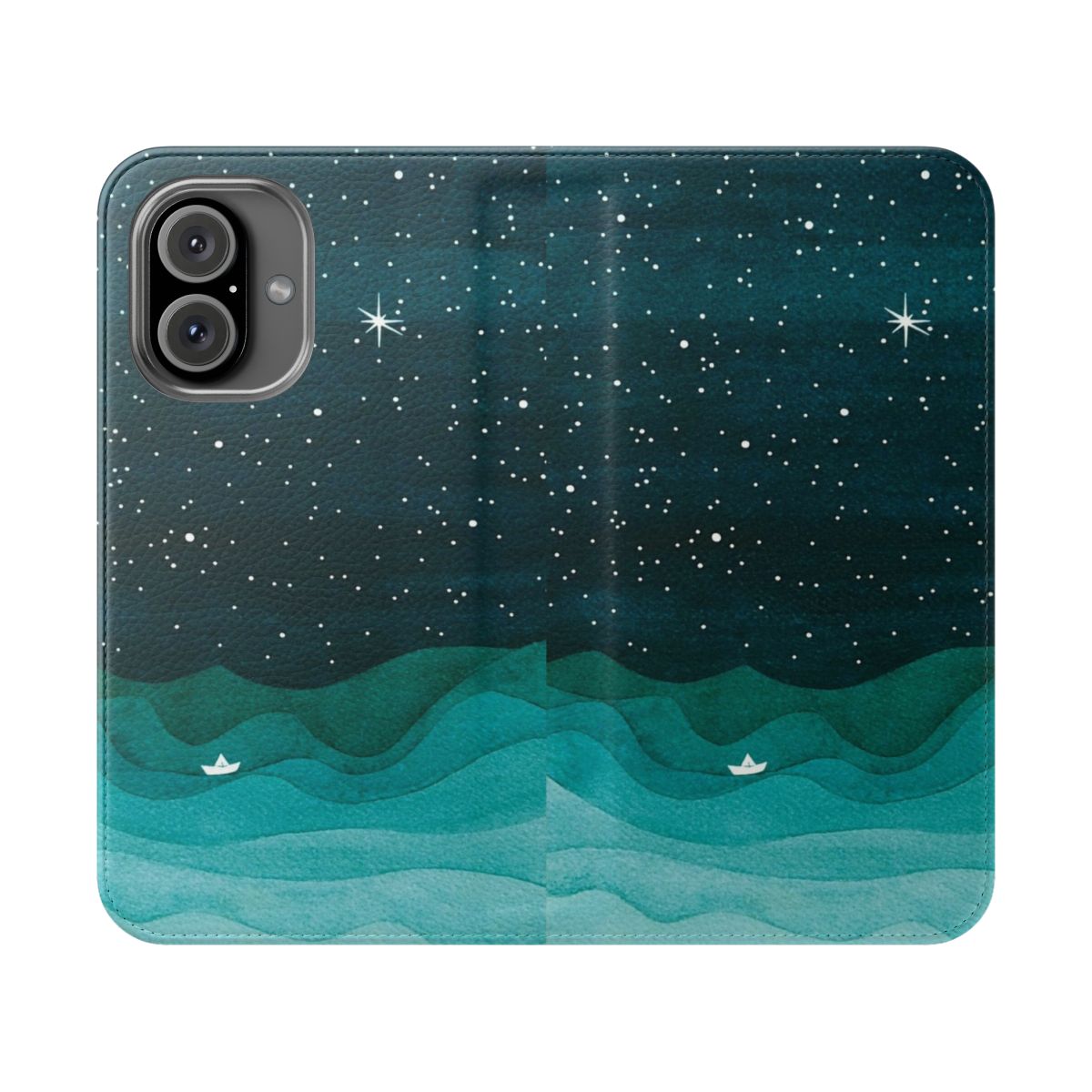 A teal sailboat floating on a watercolor ocean with a starry night sky in the background, printed on a phone case cover.