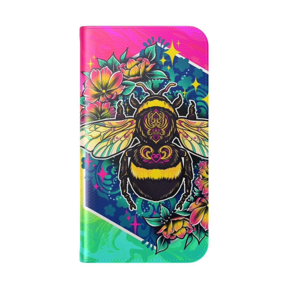 Colorful phone case cover featuring a digital illustration of a cute bumblebee in neon rainbow colors - Folded Back