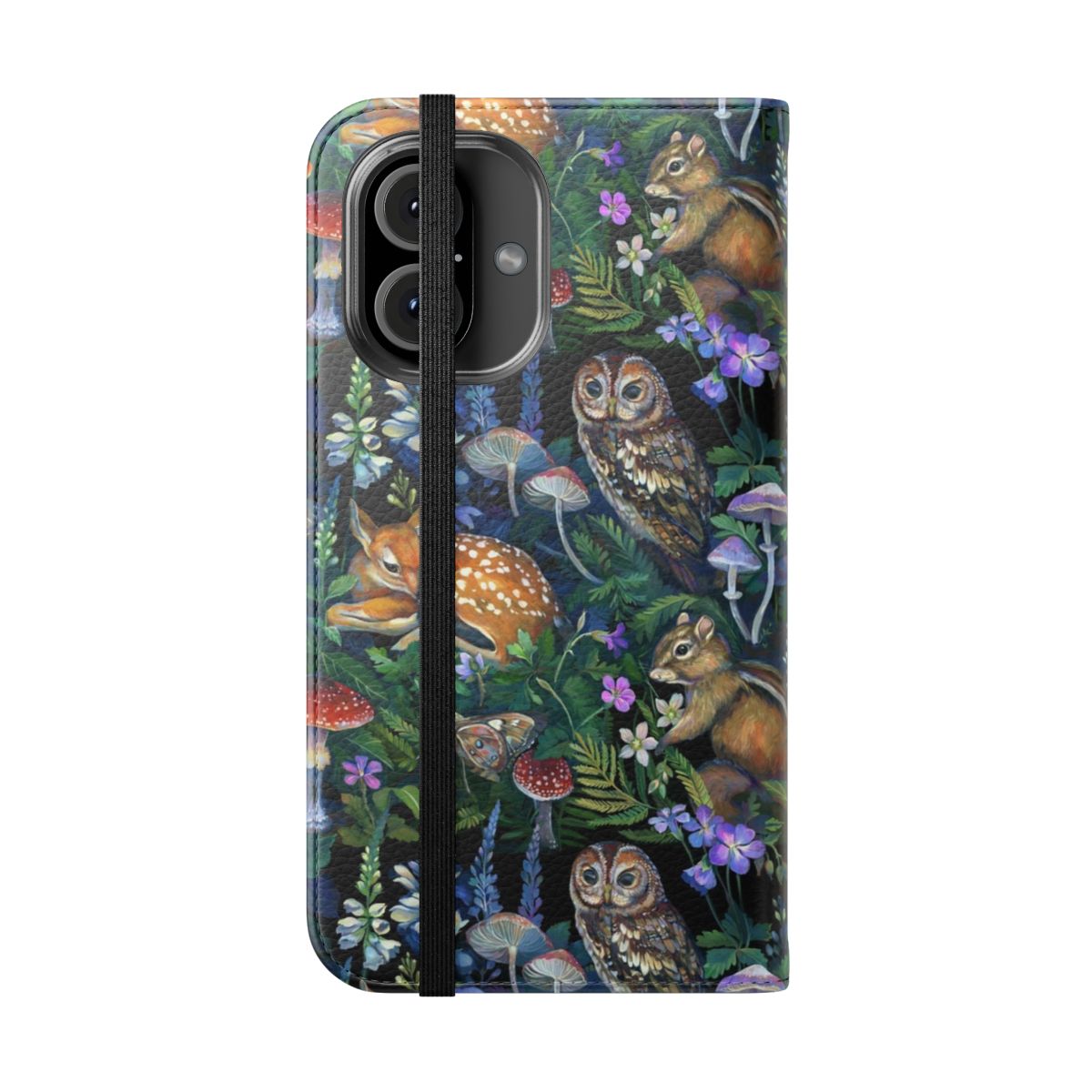 Enchanted forest-inspired flip cover phone case with deer, flowers, and foliage - Folded Front