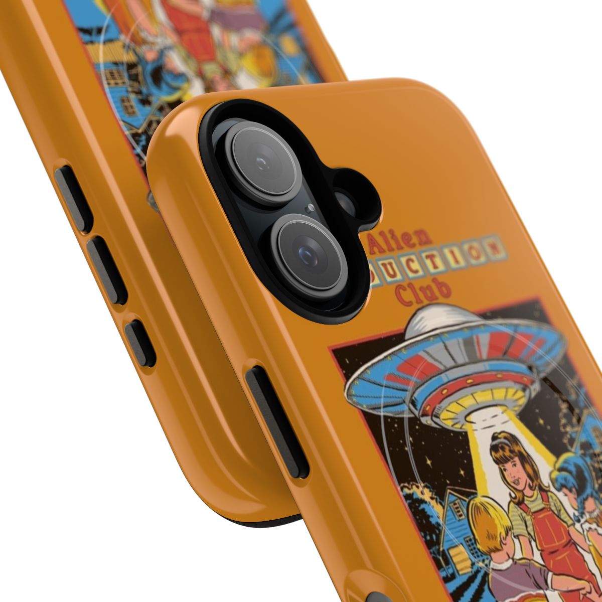 Retro-style phone case with an alien abduction design, featuring a magnetic closure for protection. - Detail