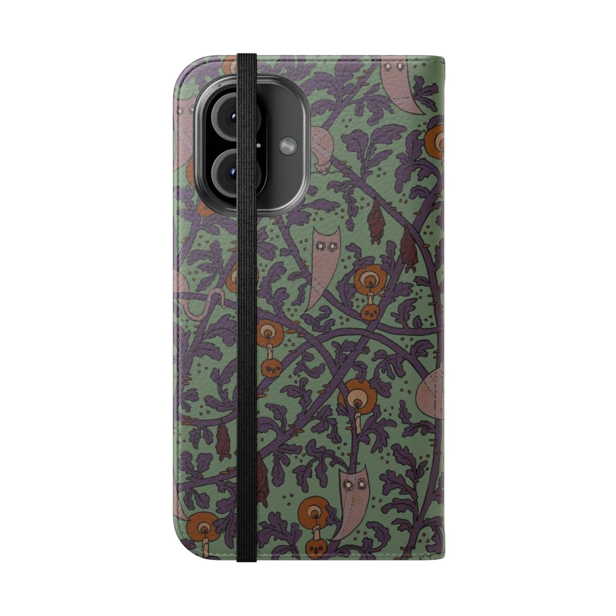 Haunted woods themed flip cover phone case with ghostly, spooky pattern - Folded Front