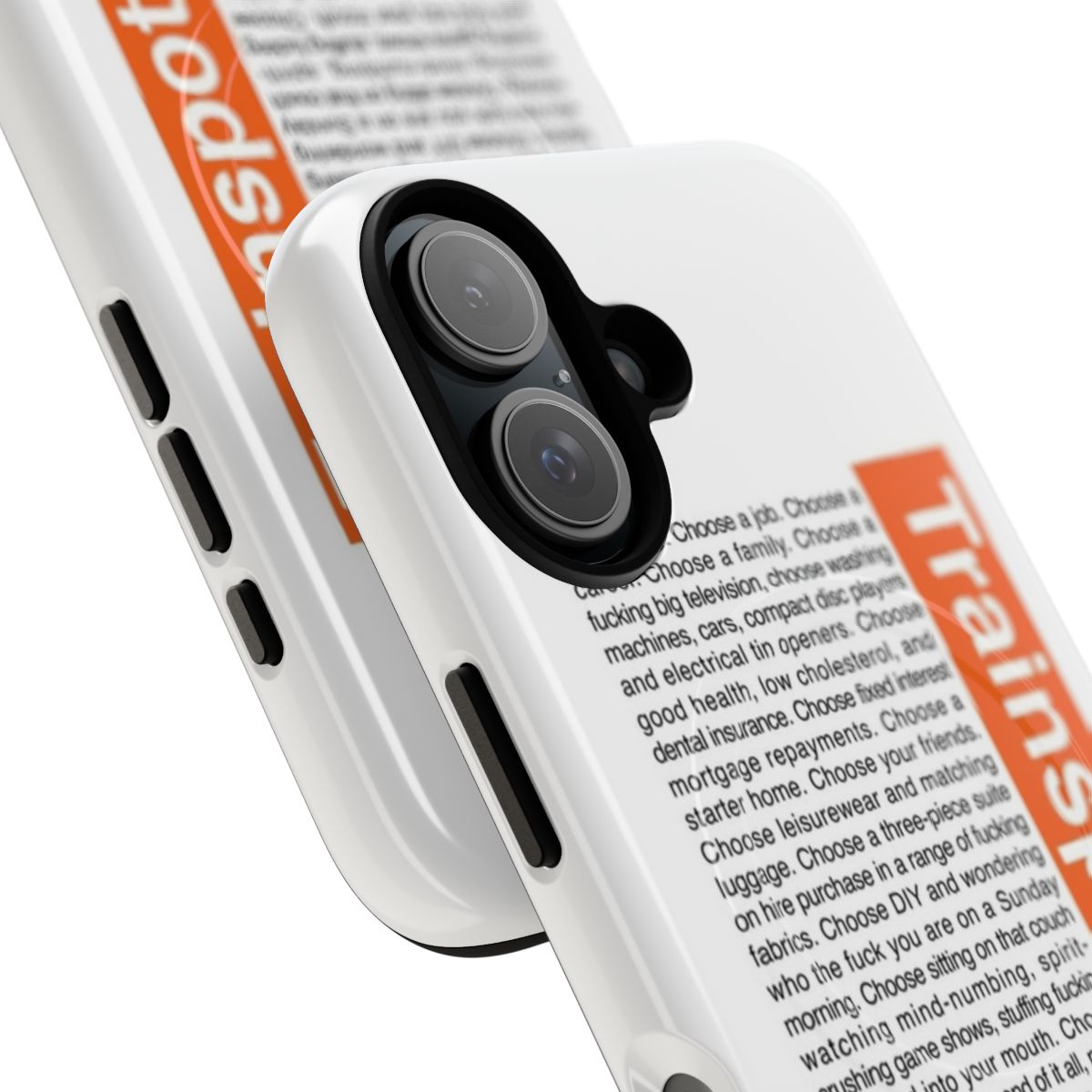 Trainspotting-inspired magnetic tough phone case featuring the iconic "Choose Life" slogan - Detail