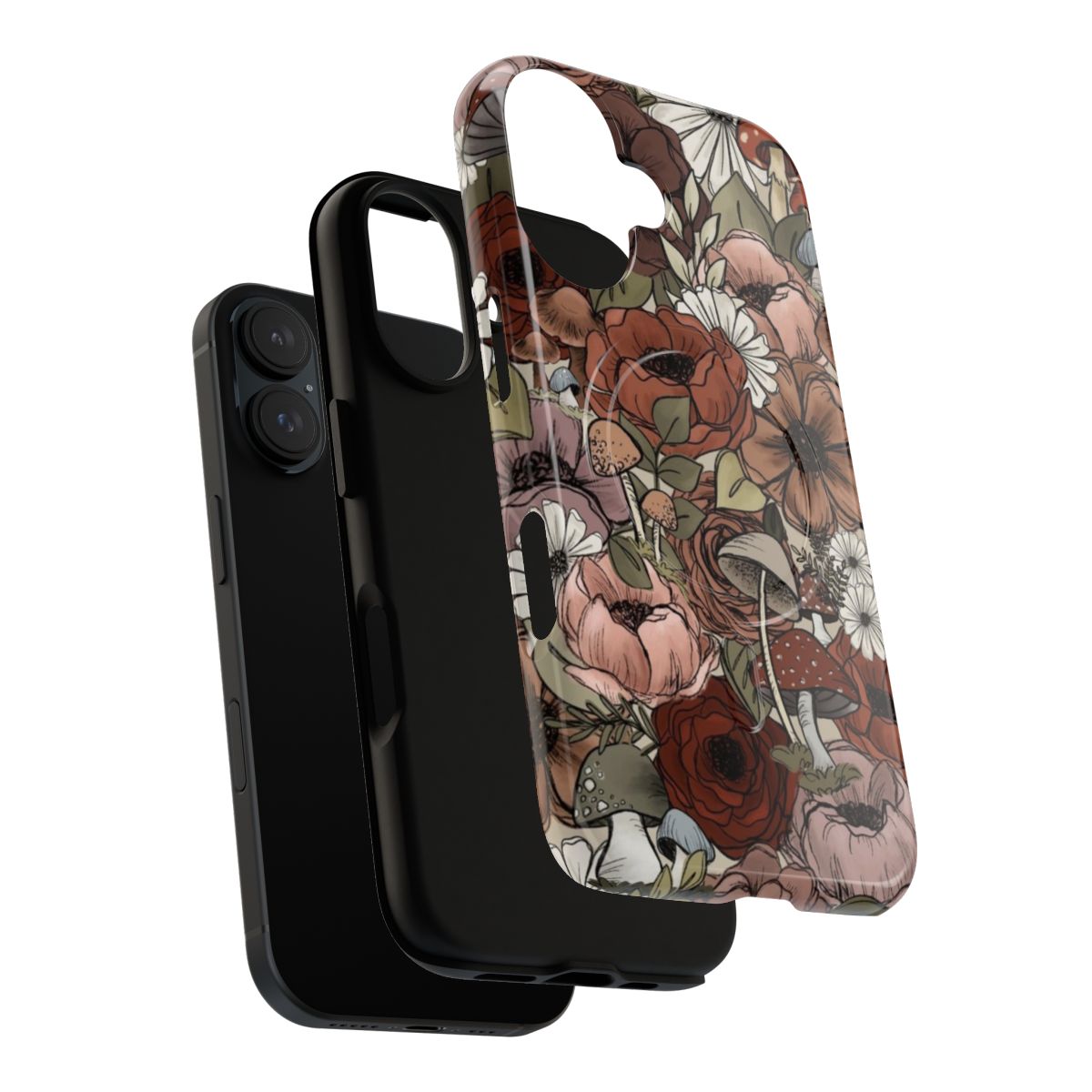 Closeup of a vibrant floral and mushroom design on a magnetic protective phone case - Layers