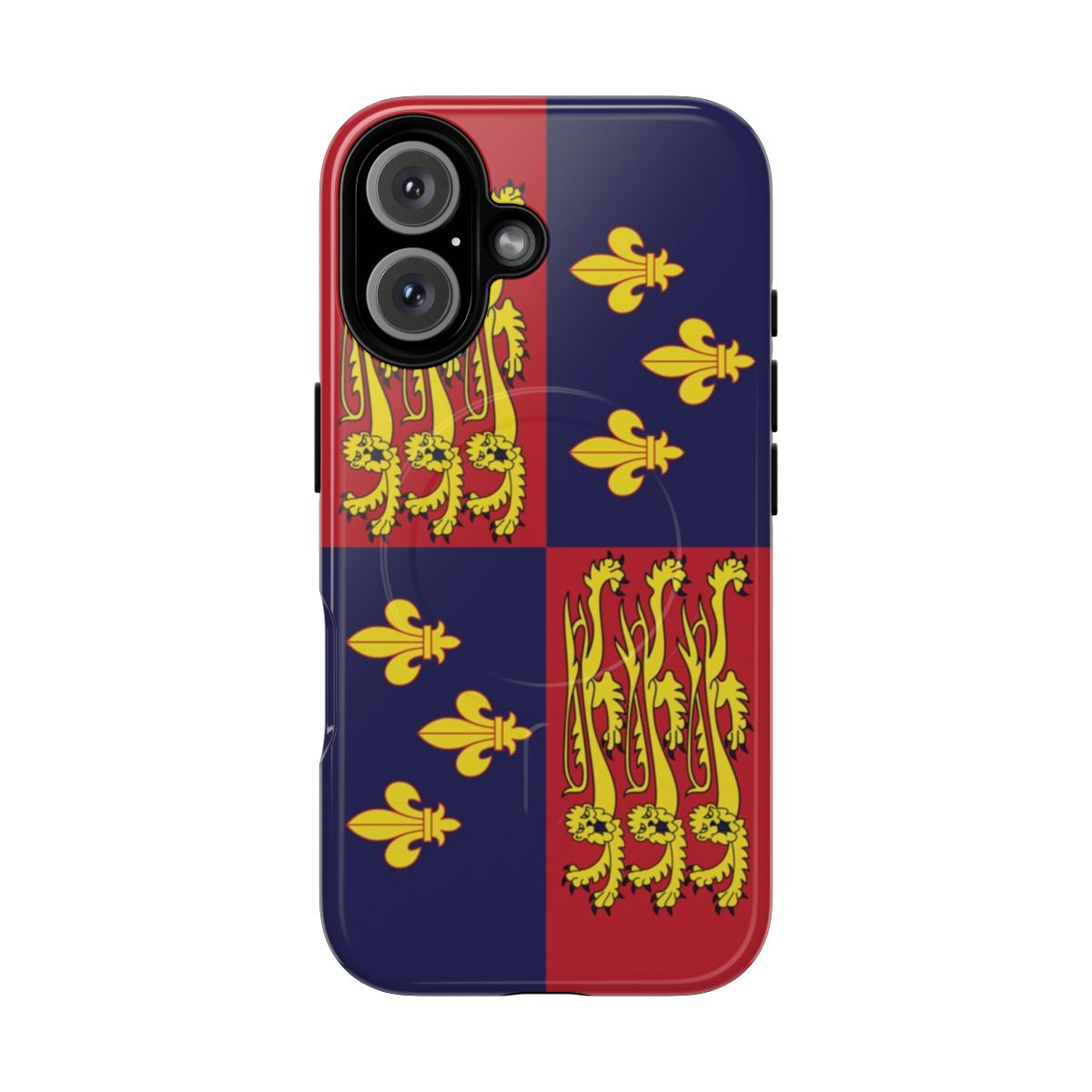 Illustration of the historic Royal Standard of England flag with a heraldic lion and fleur de lis design on a phone case.