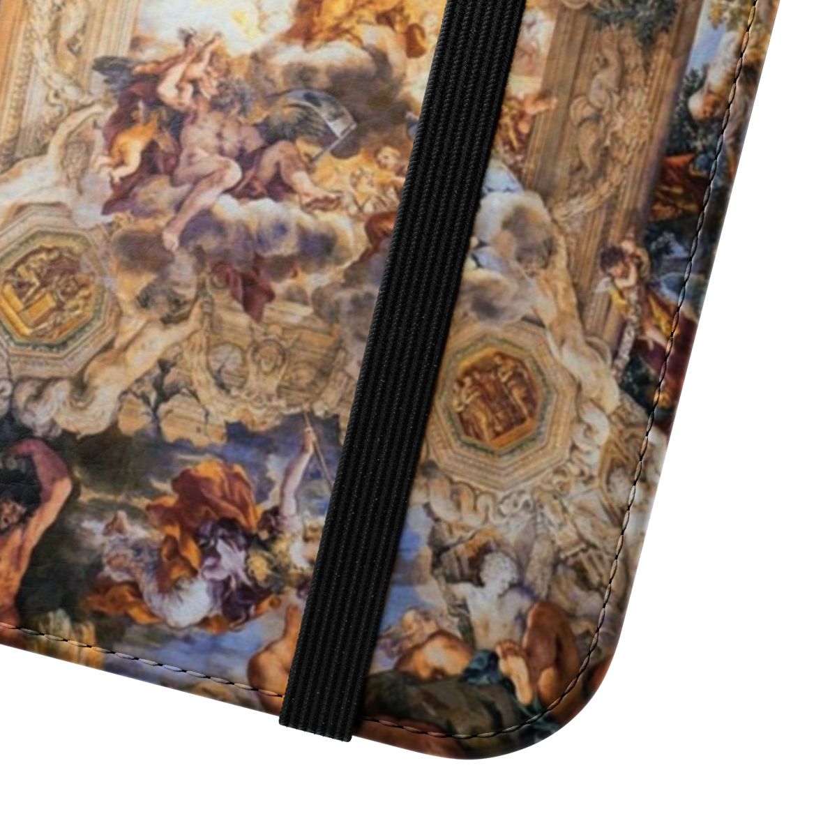 Flip cover phone case with a renaissance-style painting of gods, angels, and mythological figures - Close Up