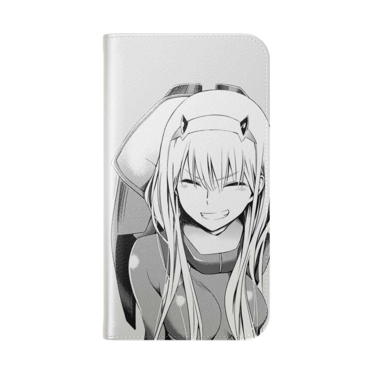 Vibrant flip cover phone case featuring the character Zero Two from the popular anime series Darling in the Franxx. - Folded Back