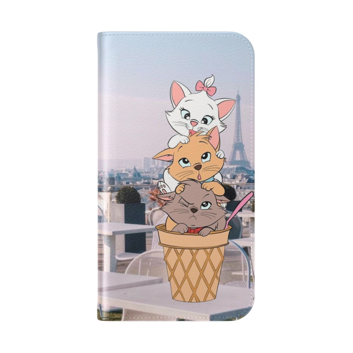 A phone case featuring the beloved Disney characters Marie, Toulouse, and Berlioz from the Aristocats, set against the backdrop of Paris. - Folded Back