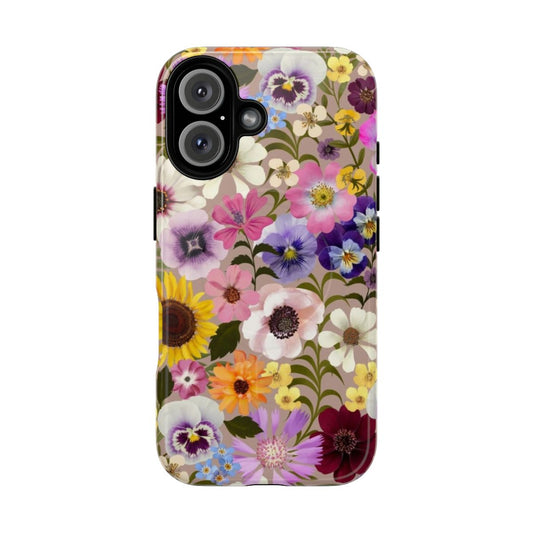 A vibrant floral phone case with a cottage core design featuring pansies, sunflowers, and a rainbow color palette.