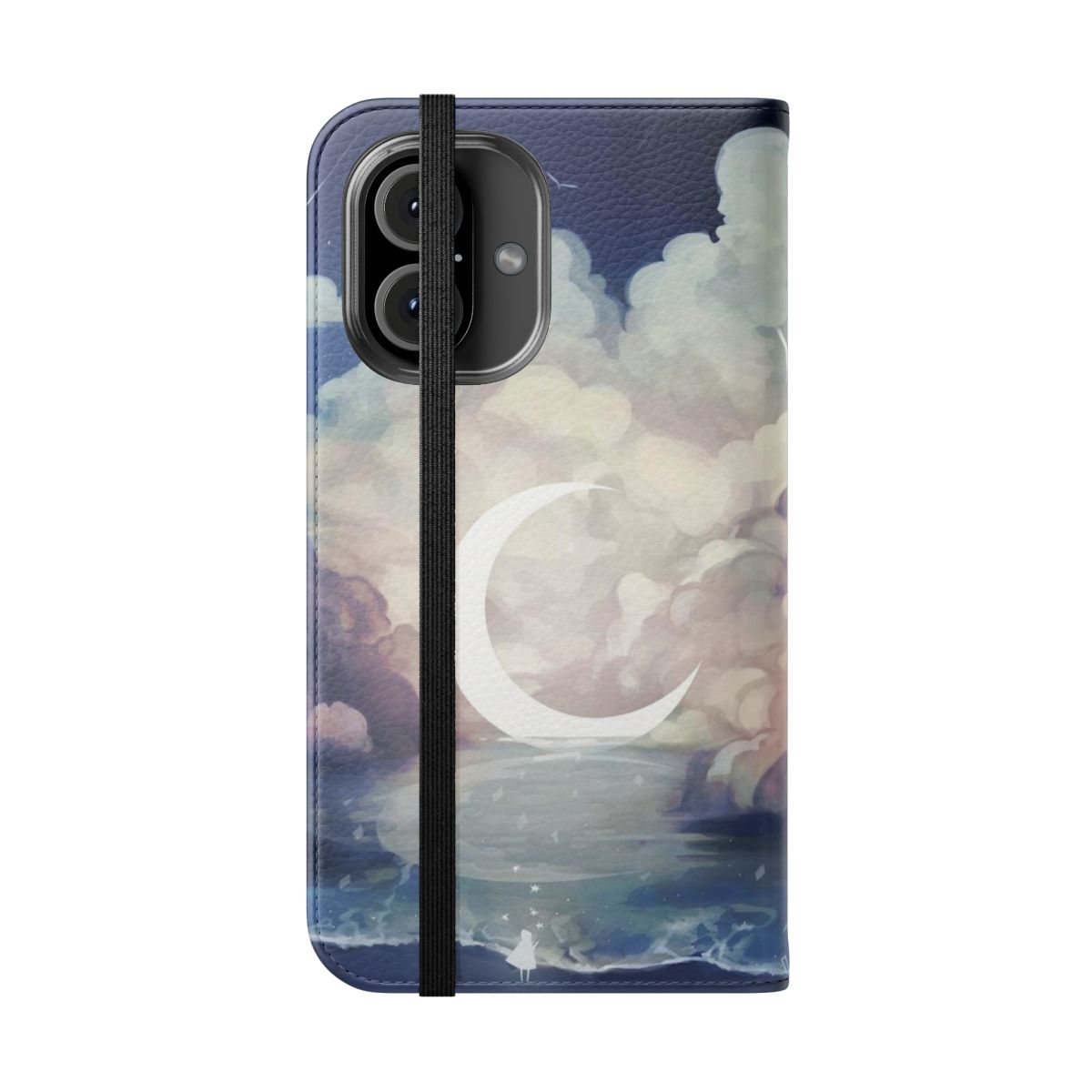 "Flip cover phone case with a night sky and moon landscape design" - Folded Front