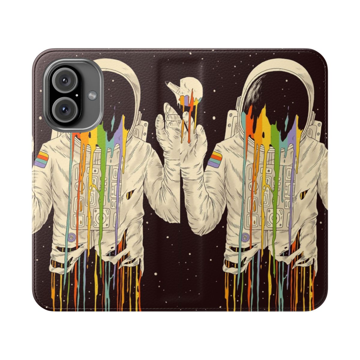 Surreal space-themed phone case with an astronaut, moon, and stars