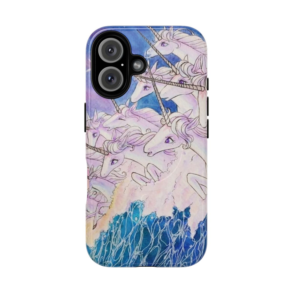 Whimsical illustration of unicorns swimming in the ocean, perfect for a fantasy-inspired phone case