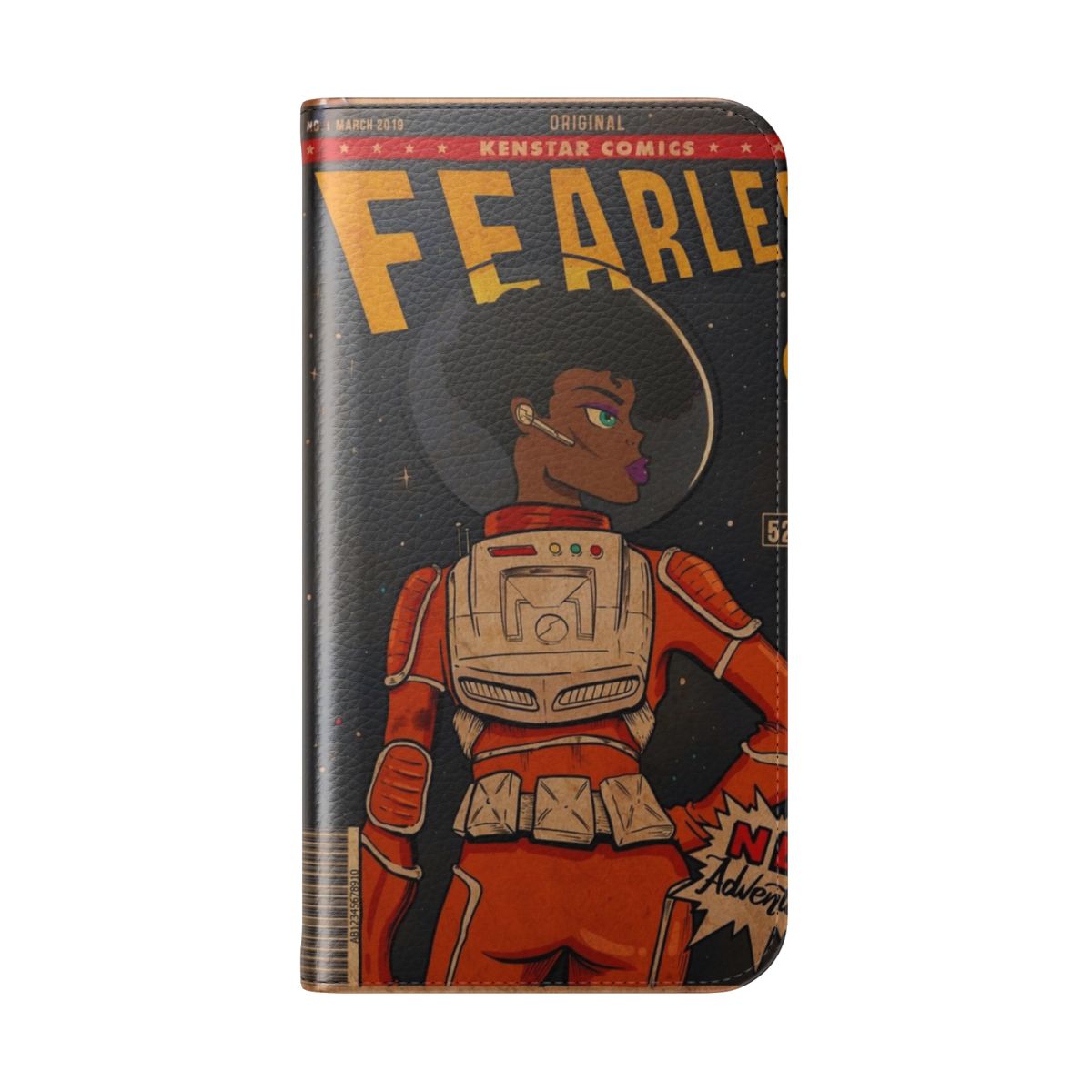 A stylish flip cover phone case featuring a sci-fi inspired design with astronauts, space elements, and fearless typography. - Folded Back