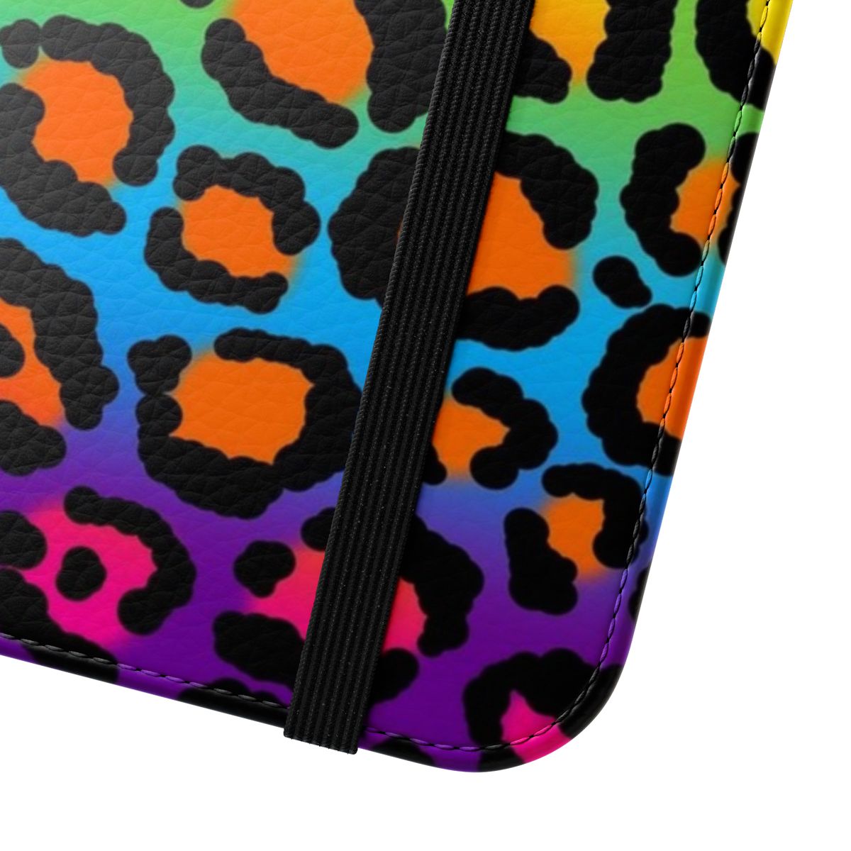 Vibrant 90s-inspired leopard print and rainbow flip phone case - Close Up