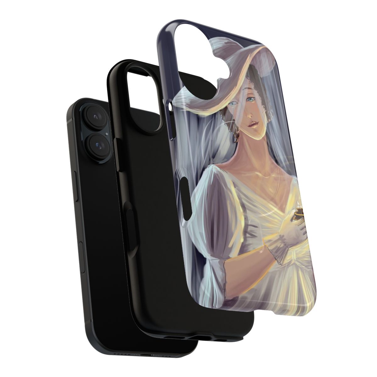 Woman in a white dress holding a magnetic tough phone case - Layers