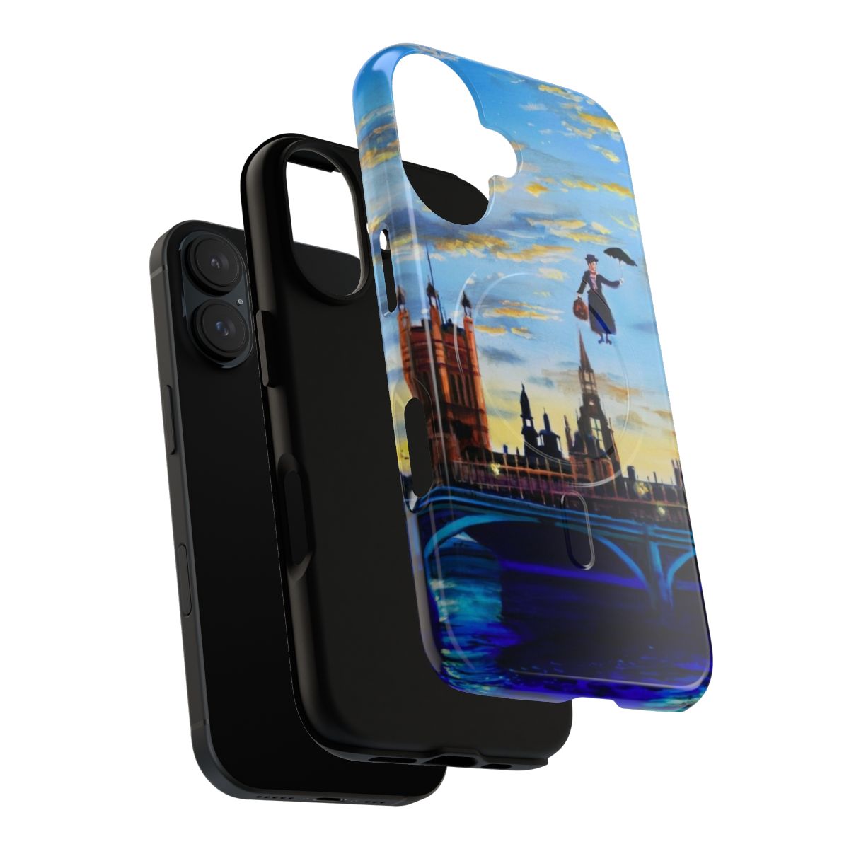 Whimsical phone case featuring the character Mary Poppins flying over London - Layers